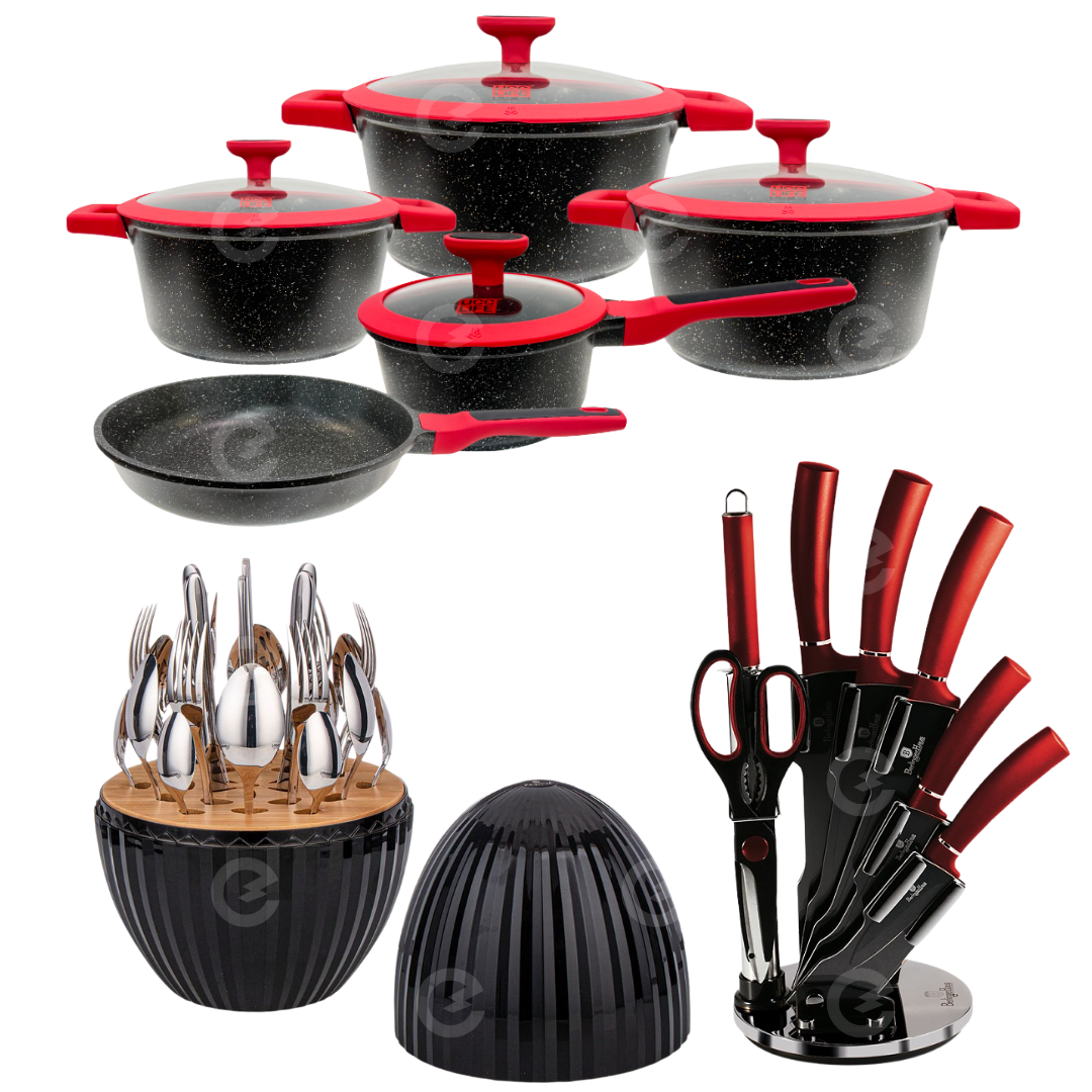 Combo completo con cubiertos y cuchillos rojo/negro