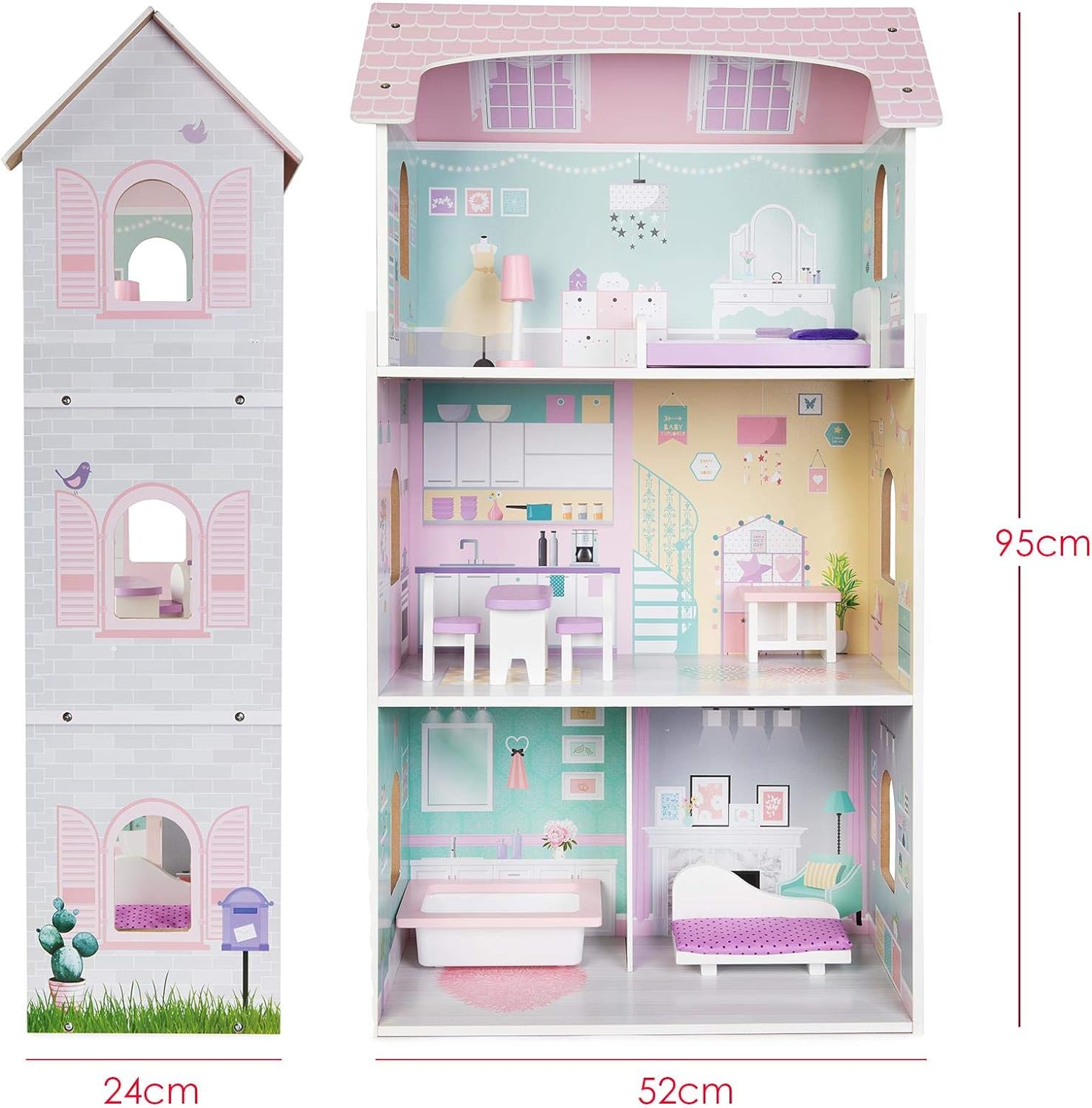 Casa de muñecas de Madera para niñas con 3 Pisos + 8 Muebles para Jugar