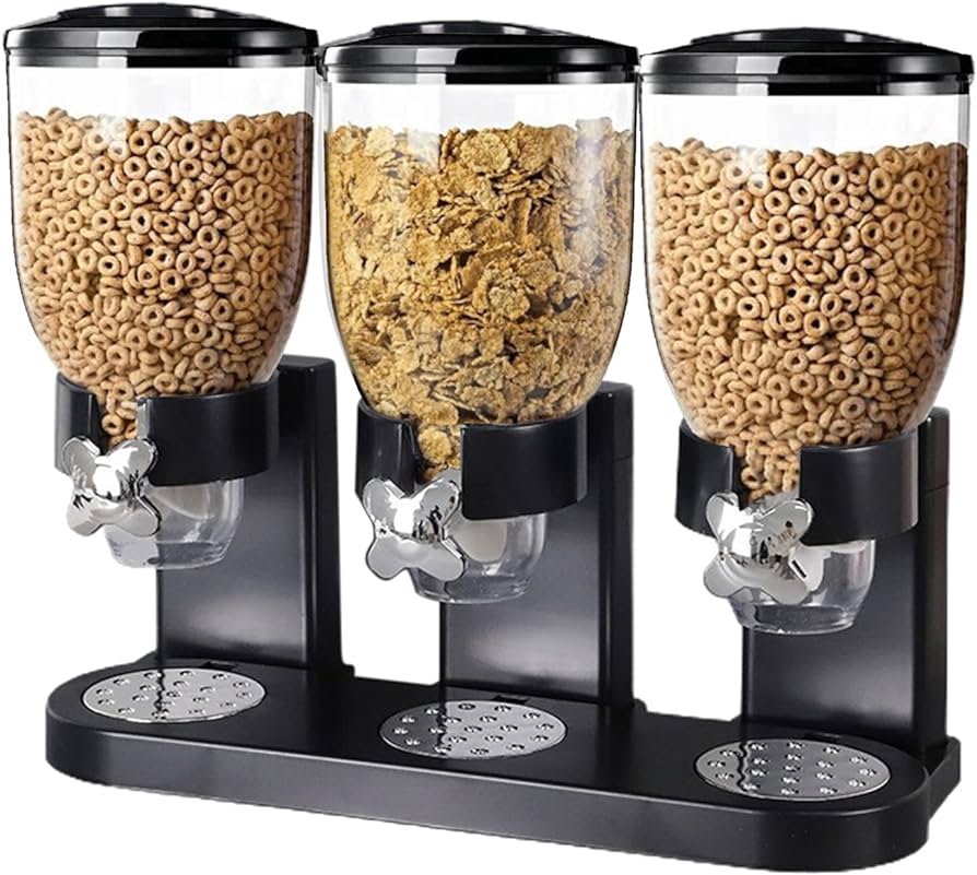 Dispensador de cereales de tres espacios.