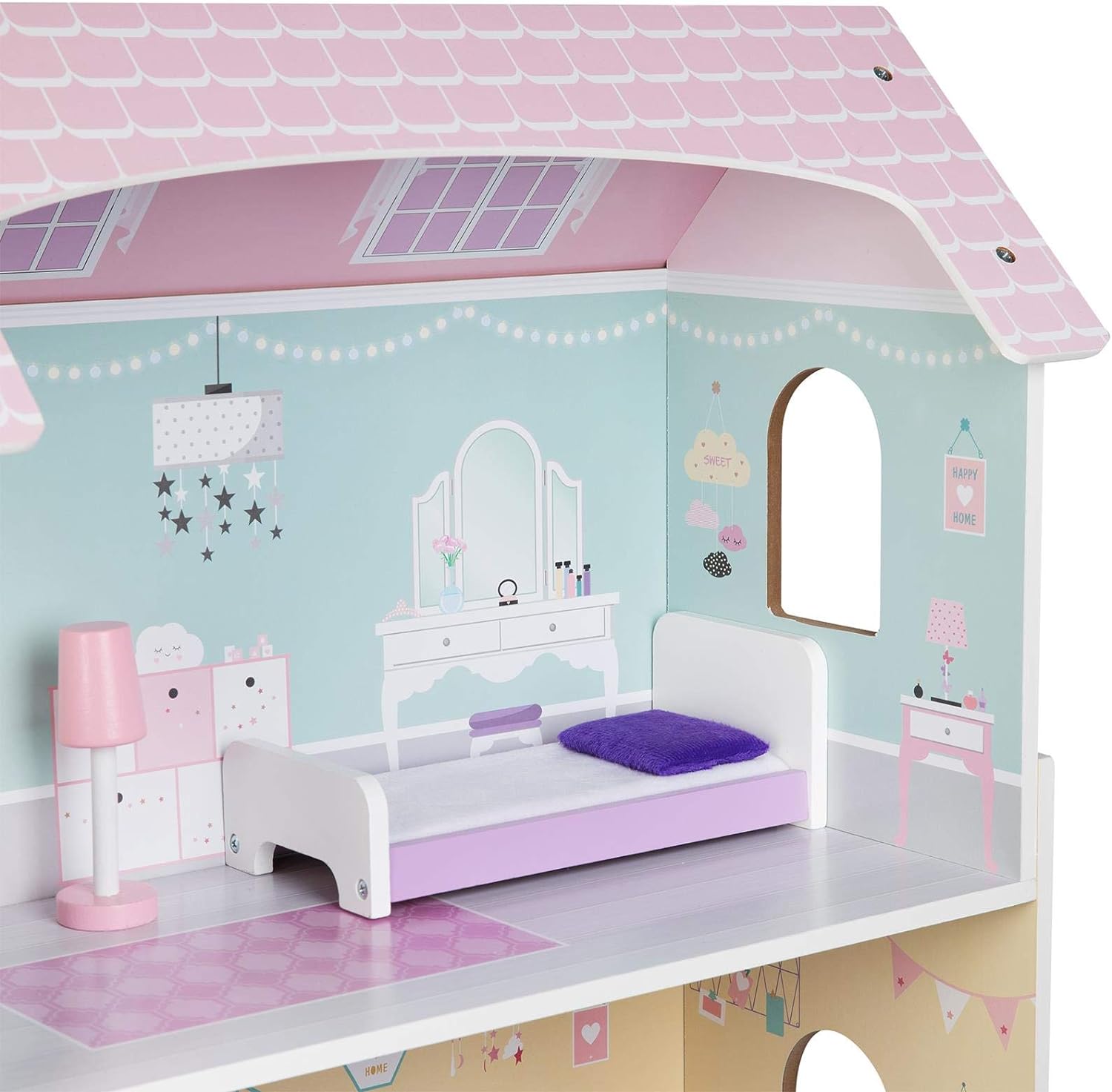 Casa de muñecas de Madera para niñas con 3 Pisos + 8 Muebles para Jugar