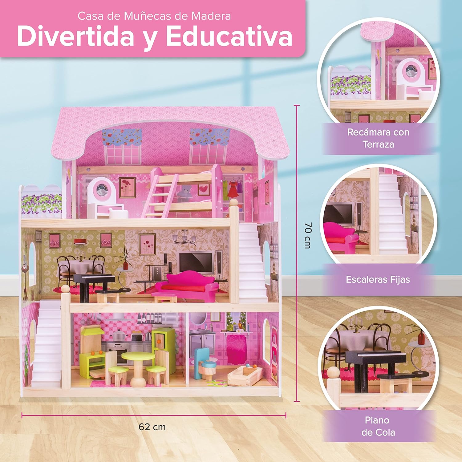 Casa de maderaMila Dollhouse incluye 15 pcs de muebles 73 x 63 x 71 cm