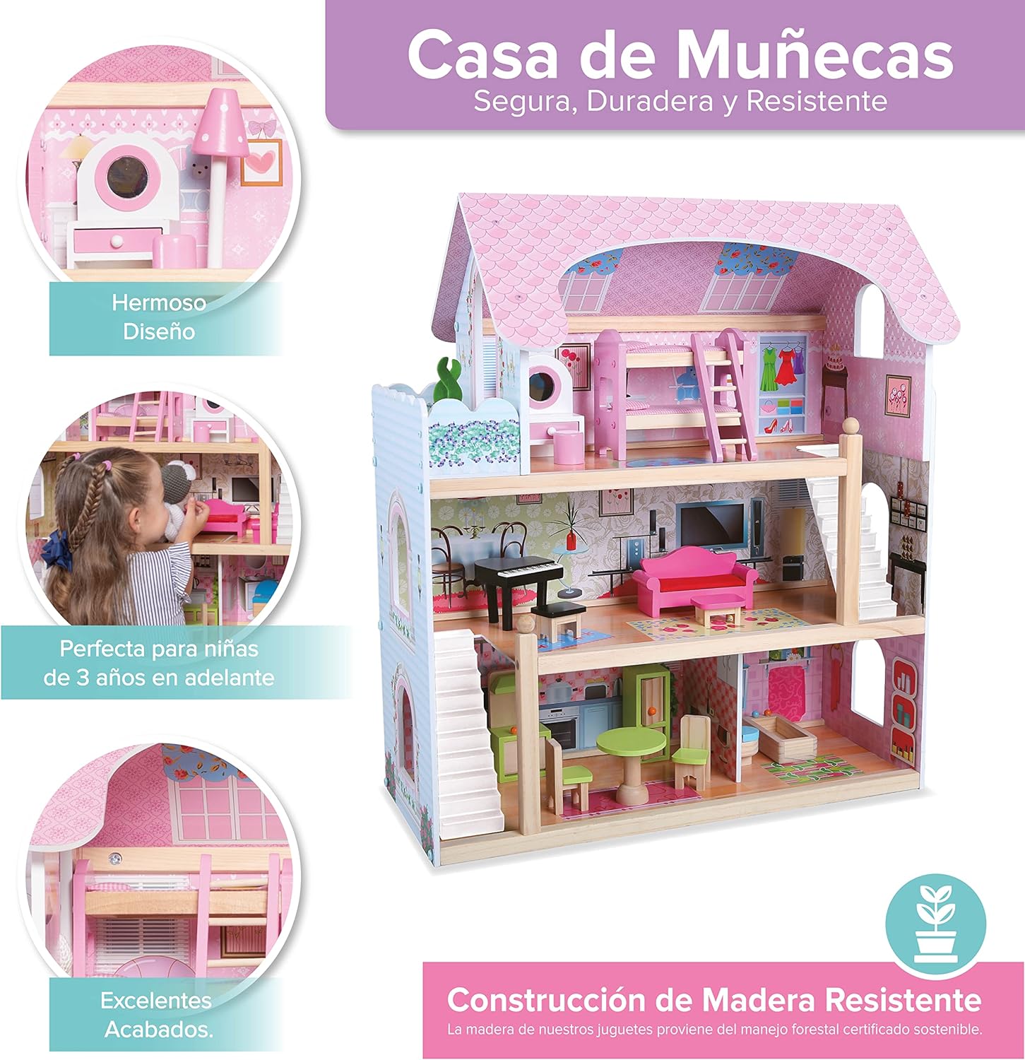 Casa de maderaMila Dollhouse incluye 15 pcs de muebles 73 x 63 x 71 cm