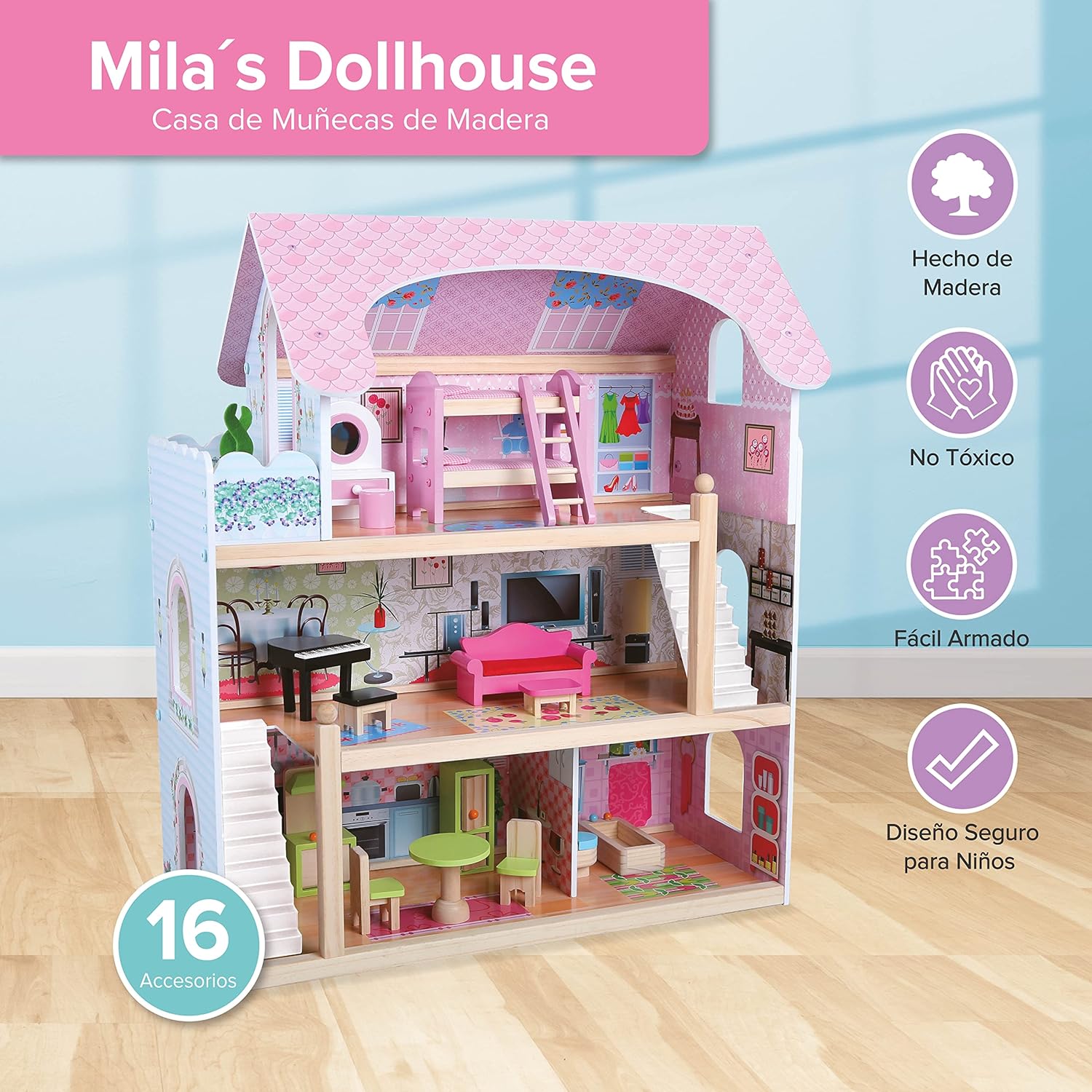 Casa de maderaMila Dollhouse incluye 15 pcs de muebles 73 x 63 x 71 cm