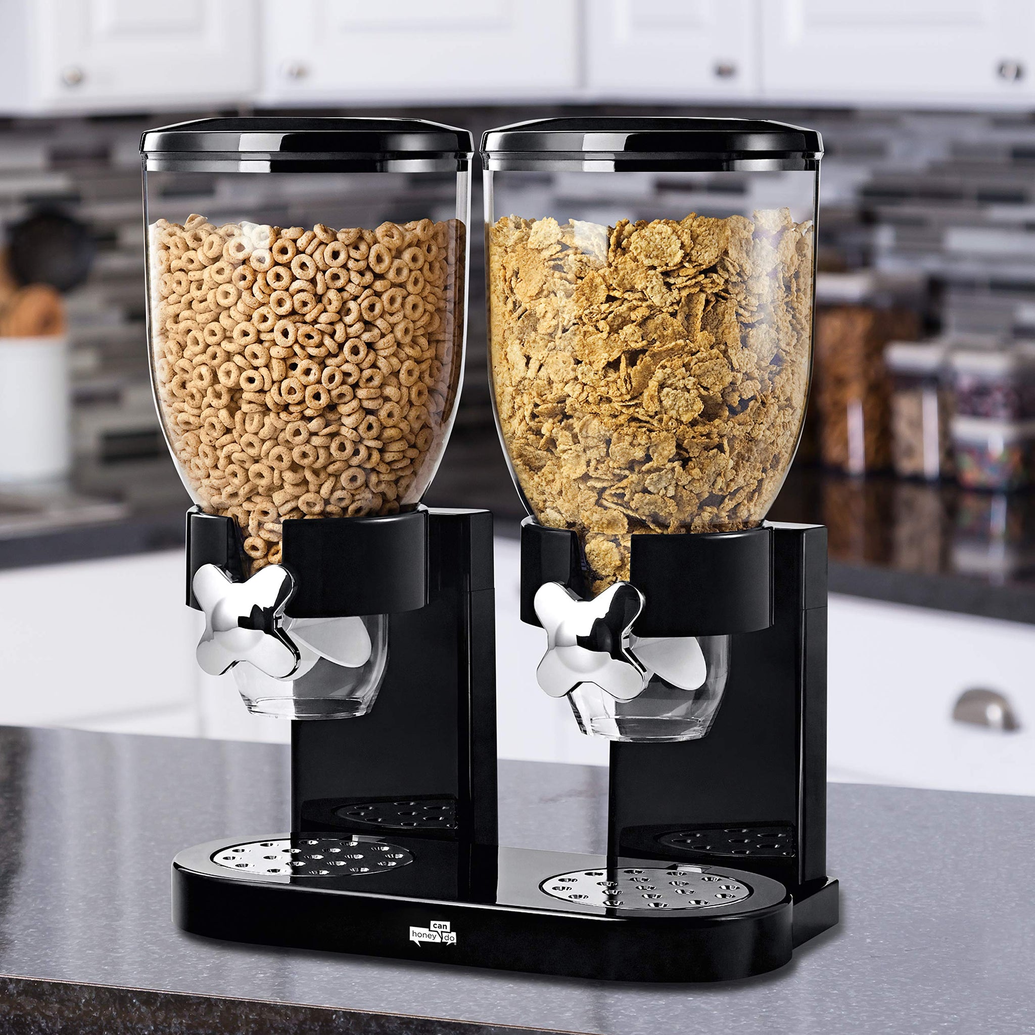 Dispensador de cereales de dos envases.