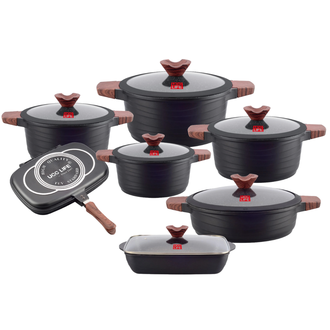 Set de Ollas y Sartenes de Granito Negro con Asas de Madera – UCC LIFE